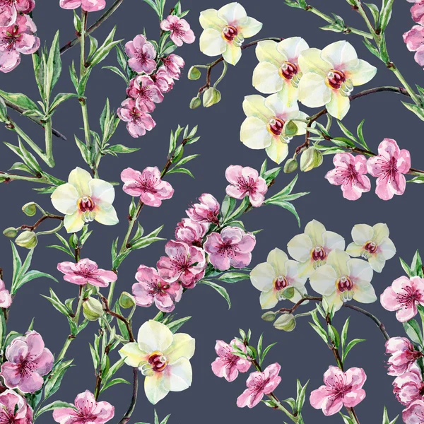 Çiçekleri şeftali ve orkide, suluboya, desen sorunsuz