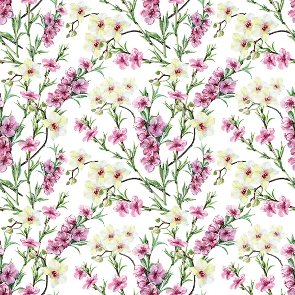 Çiçekleri şeftali ve orkide, suluboya, desen sorunsuz