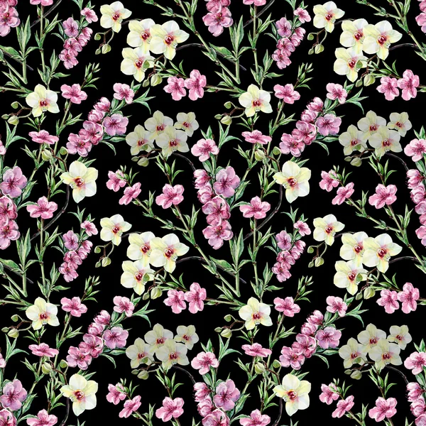 Blumen Pfirsich und Orchideen, Aquarell, Muster nahtlos — Stockfoto