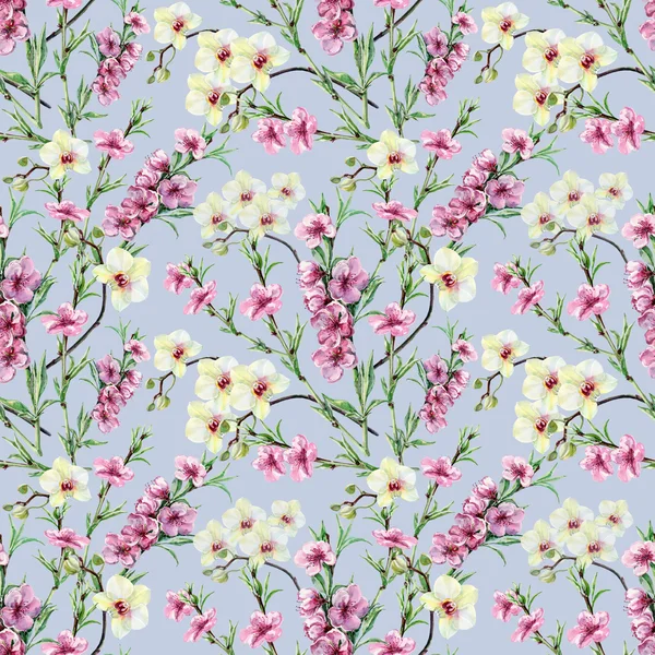 Çiçekleri şeftali ve orkide, suluboya, desen sorunsuz