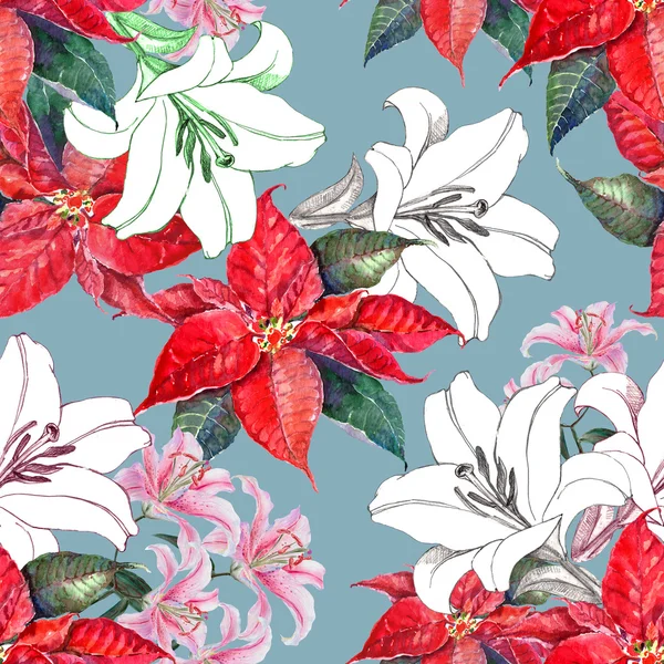 Çiçek lilyum ve Atatürk çiçeği, suluboya, Dikişsiz desen