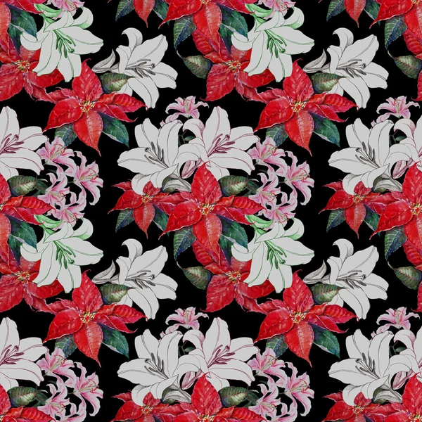 Квіти лілії та пуансетії, акварель, безшовний візерунок — стокове фото