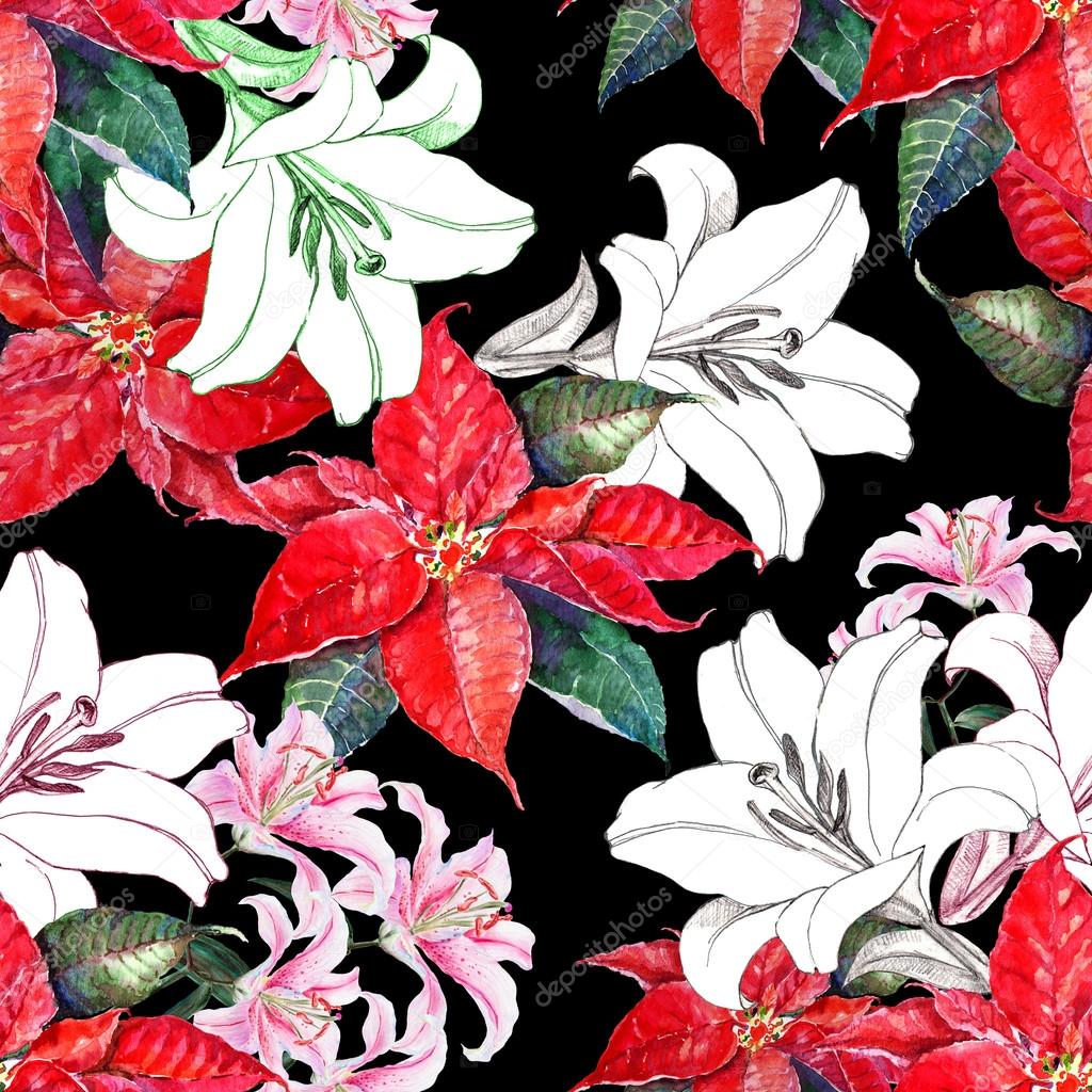 Flowers lilies and poinsettia, watercolor, pattern seamless
