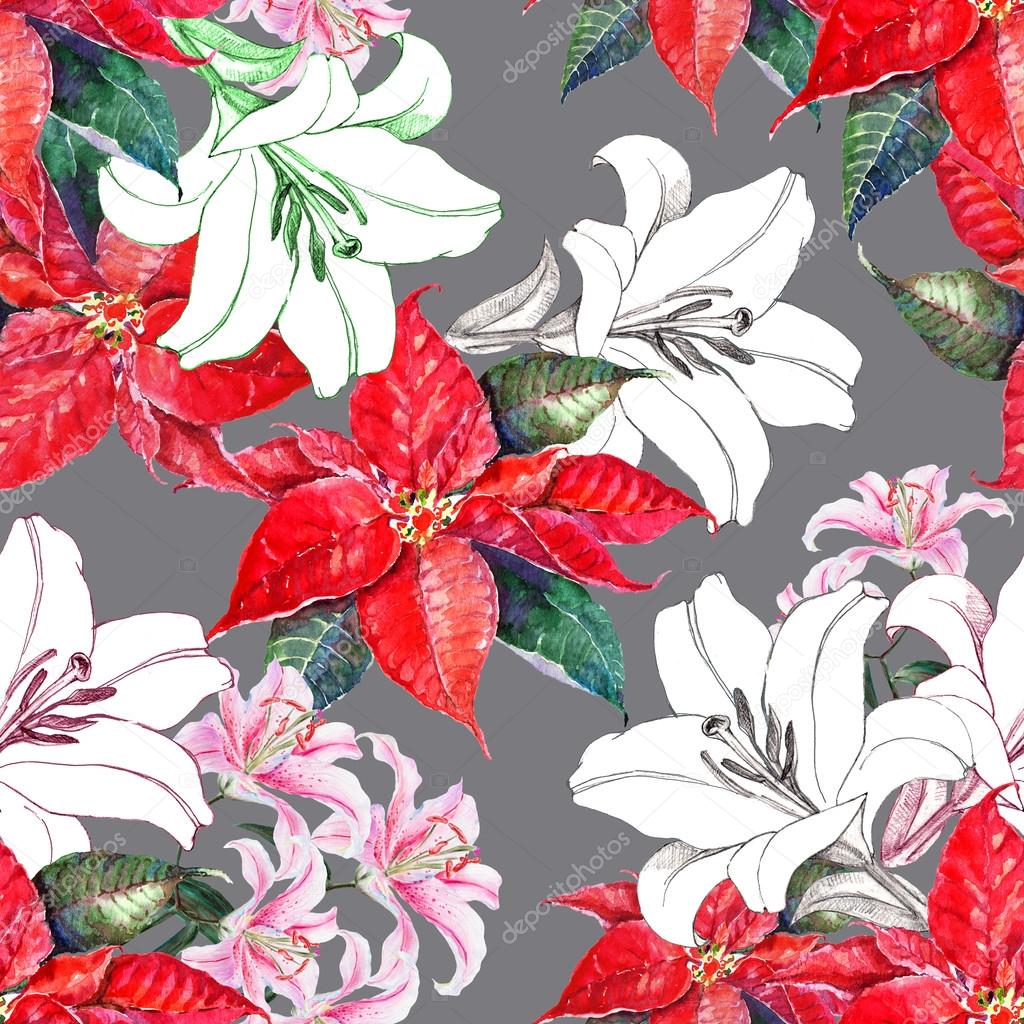 Flowers lilies and poinsettia, watercolor, pattern seamless