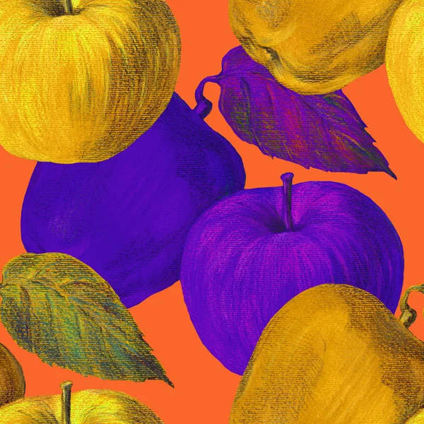 黄色和蓝色的苹果，彩色铅笔，图案无缝 — 图库照片