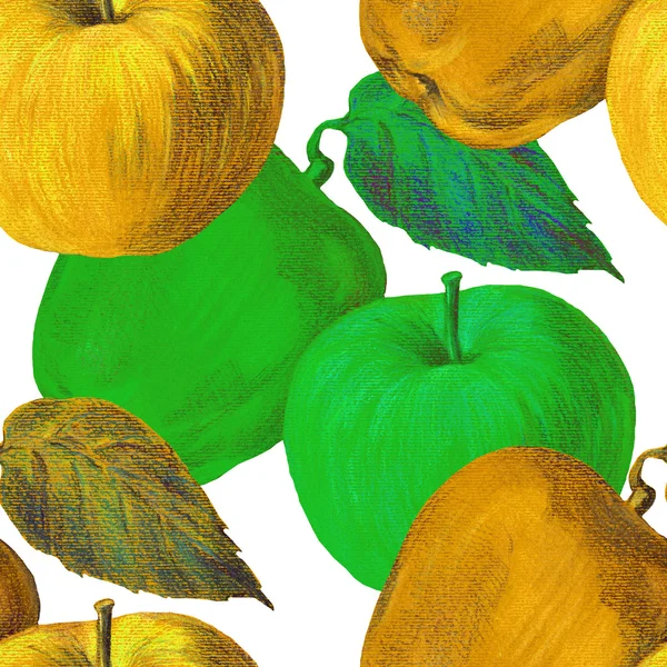 Žlutá a zelená jablka, barevné tužky, vzor bezešvé — Stock fotografie
