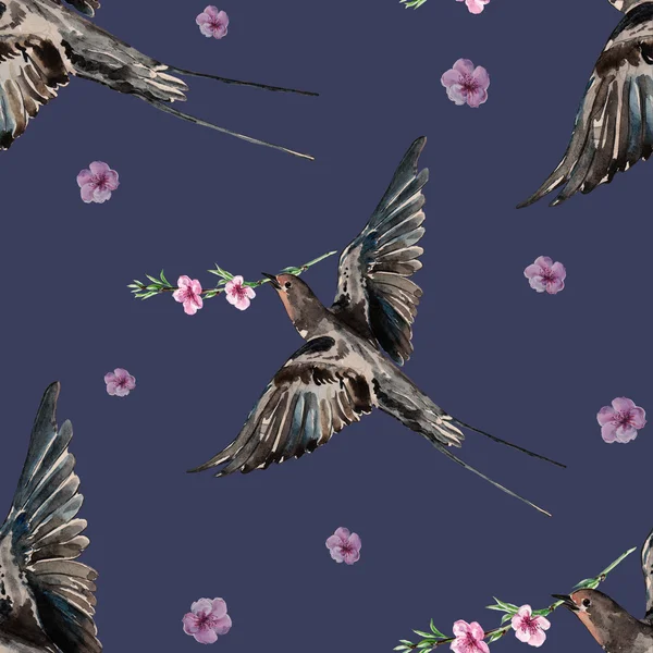 Ptak jaskółki i kwiat brzoskwini, akwarela, wzór bez szwu — Zdjęcie stockowe