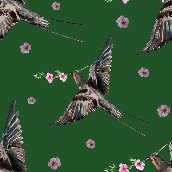 Kuş yutmak ve çiçek şeftali, suluboya, desen sorunsuz — Stok fotoğraf