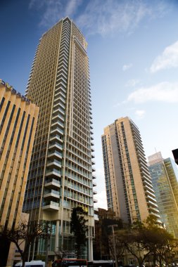 Tel Aviv, İsrail - Şubat, 2016: Rotschild bulvarında güzel güneşli cityscape. Şehir, en pahalı sokaklarda olmanın bir kentin ana turistik konumlar biridir.