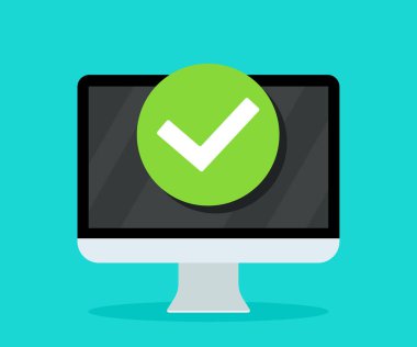 Bilgisayarda tam güncelleme simgesi. Dizüstü bilgisayardaki güncelleme bildirimi. Bilgisayar ekranında onay zamanı. Bilgisayarın masaüstündeki görev kontrolü. Kabul etmenin sembolü, tamam. Başarılı uygulama kavramı. Vektör.