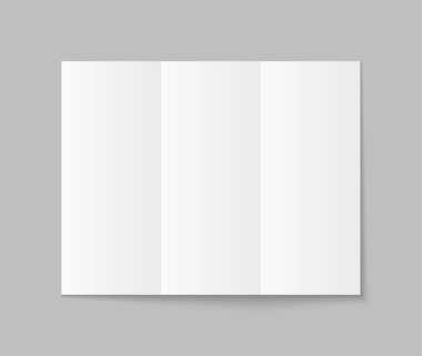 Üç katlı broşür. Katlanmış kağıt broşür. Gölgeli boş beyaz ilan. A4 kitapçığının şablonu. Kart maketi. Açık dergi ya da üç sayfalı katalog. Broşür kapağı. Vektör.