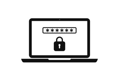 Güvenlik şifresi ve kilidi olan dizüstü bilgisayar simgesi. Bilgisayardaki hesapla giriş yap. Siber güvenlik sağlandı. Kullanıcının yazılım kaydı. Koruma ve kimlik için ekrana asma kilit takıldı. Web logosu. Vektör.