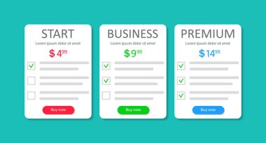 Fiyat ve planların karşılaştırılması. Üyeliğin 3 şablonu. Gümrük tarifeli ürün listesi. Karşılaştırmalı bilgi sütun grafiği. Web sitesi, sunucu ve yerleşim planı için tasarım kutusu ve pankart. Vektör.