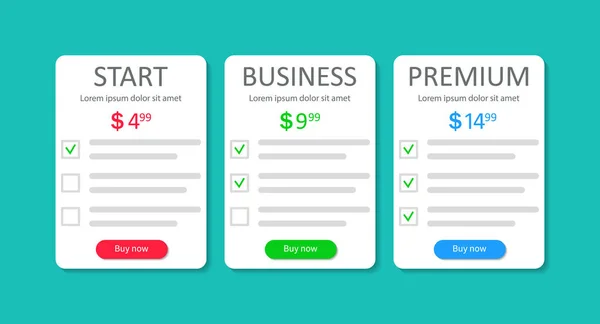 Tabela Comparação Preços Planos Modelos Assinaturas Lista Produtos Com Tarifa — Vetor de Stock