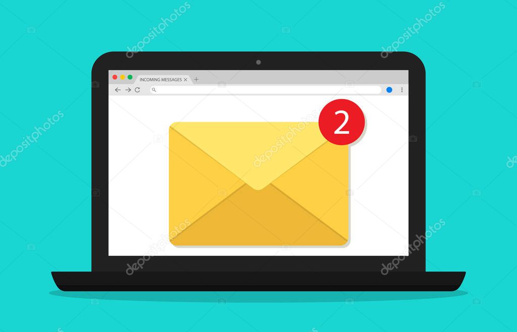 Mail in computer. Email window in laptop screen. Newsletter with alert. Icon of message and notification. Receive new document in online. Digital electronic envelope for marketing. PC desktop. Vector.