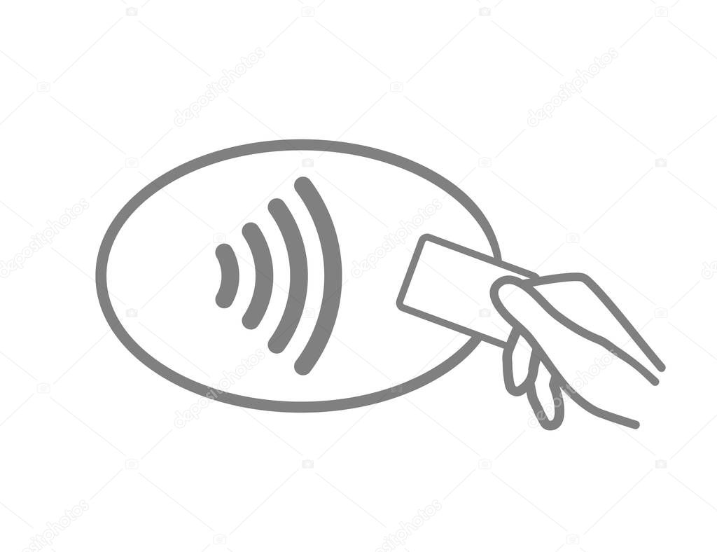 Icon pay. Contactless payment logo. Tap of card for cashless. Symbol of nfc. Wave pass to terminal from card in hand. Wireless reader on pos terminal. Chip in credit card for paypass. Vector.