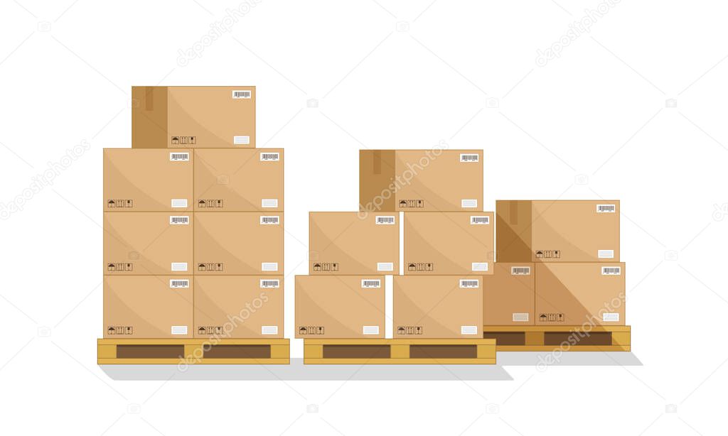 Box on pallet in warehouse. Carton parcel for storage and cargo. Cardboard boxes in front on wooden palettes. Icon of delivery, freight. Shipping crates with goods for distribution, logistic. Vector.