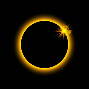 Tam güneş tutulması. Güneş gezegeni ringde parlıyor. Dünyanın etrafında ateş çemberi çiz. Gece uzayda ay ışığı. Siyah dış yüzeyde kırmızı aura ile tam tutulma. Astronomi gizemi. Parlak soyut kozmik yıldız. Vektör.