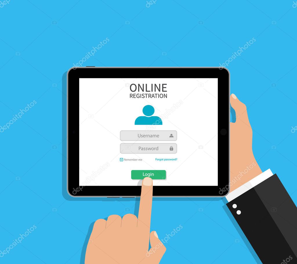 Online registration of account with login, password. Form of register in tablet for elearning. Tablet in hand of user of website. Sign of create username. Web app with button and menu on site. Vector.