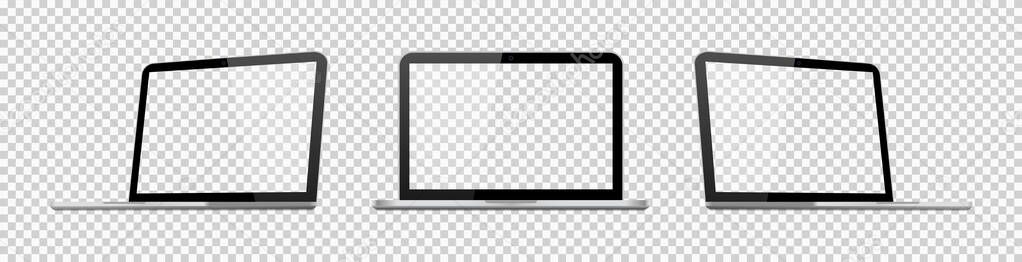 Laptop mockup isolated on transparent background. Isometric computer with white screen. 3d open realistic laptop with blank screen. Mock pc in front view. Silver pro template with lcd display. Vector.