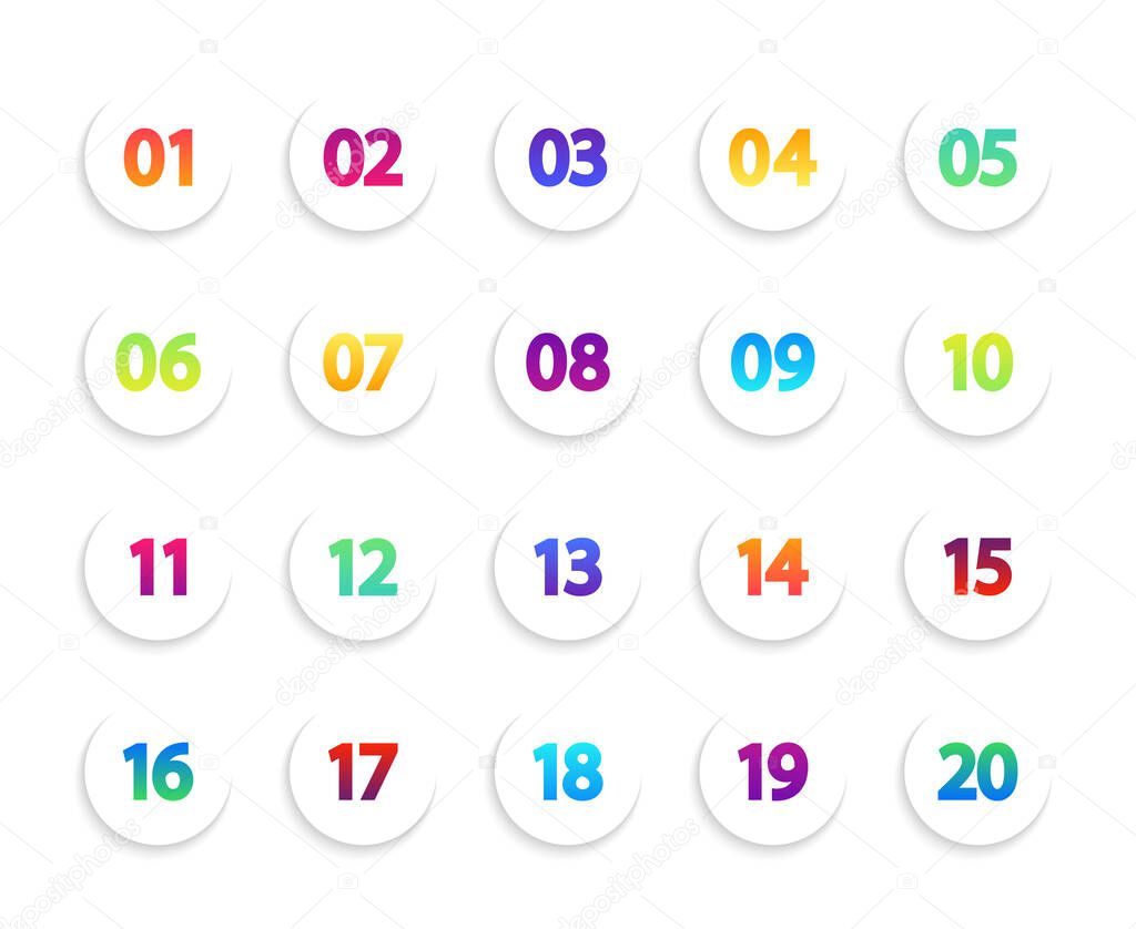 Bullet icons. Numbers in white circle. Round gradient points for infographic. List of creative buttons from 1 to 20. Set of modern circular pointers. Color markers for flyer, tag and interface. Vector