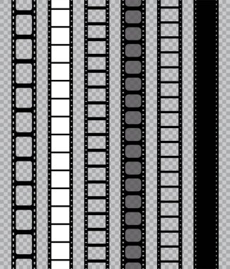 Film kamerası için film şeridi. Film şeridiyle hisset. Fotoğraf için çerçeveli kaset, sinema. Görüntü için kenarları olan şerit modelinin negatifi. Görüntü ikonu, görüntü yönetmeni Hollywood. Vektör.