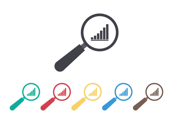 Icon of graph with data for business. Predict of financial risk on chart. Audit of business. Analysis of market with magnifying glass. Symbol of finance research and forecast. Grow of budget. Vector.