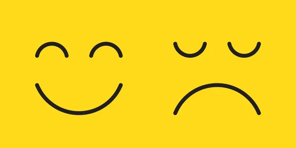 Visages Avec Sourire Heureux Triste Smiley Malheureux Sur Fond Jaune — Image vectorielle