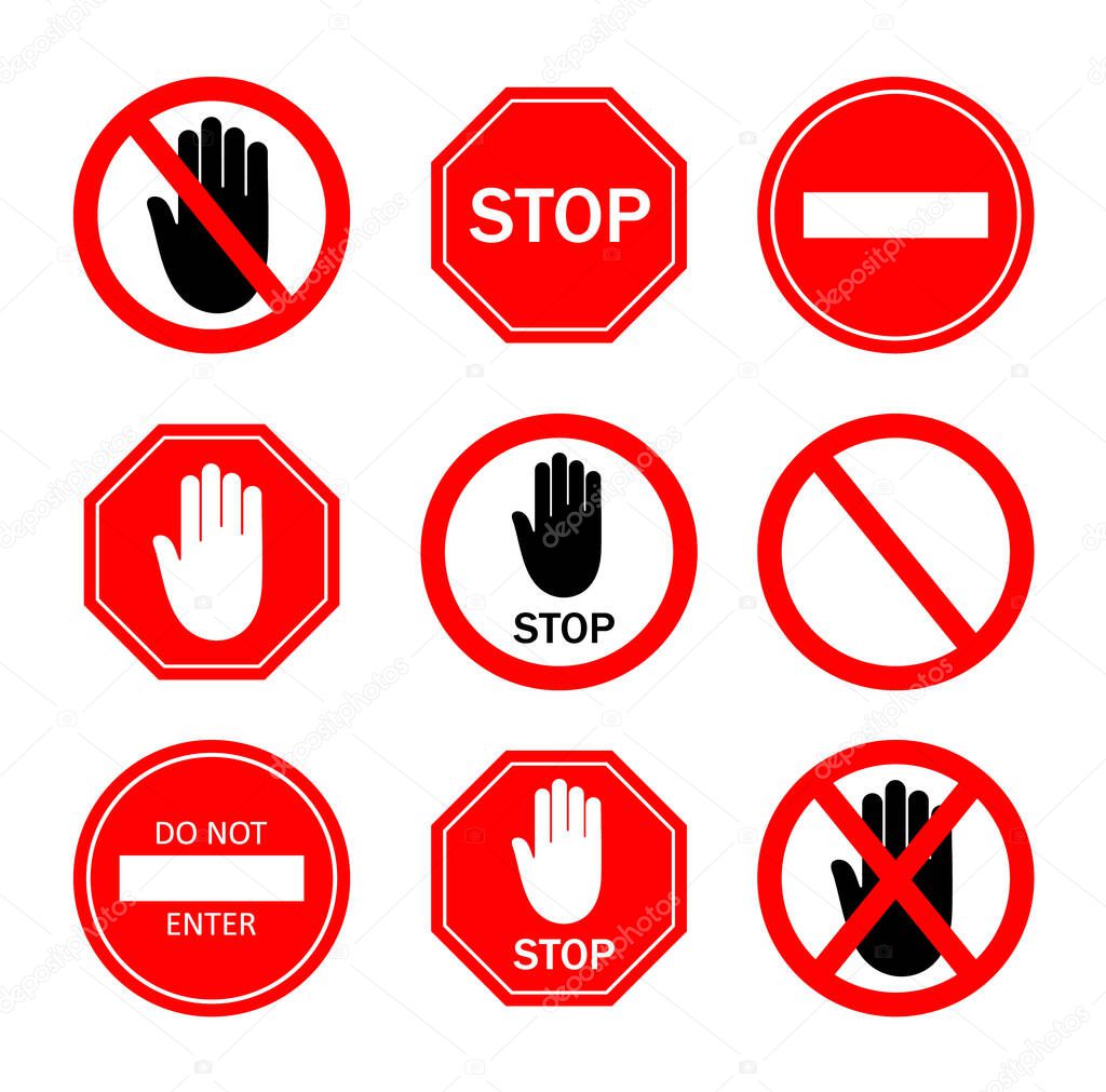 Stop sign. Icon of ban to enter. Red symbol with stop and hand for restricted of traffic. Logo of danger, forbid and attention. Signal for caution, safety on road. Set of isolated street signs. Vector