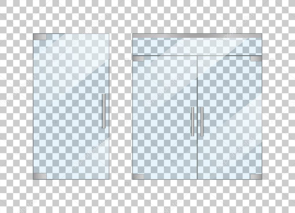Glass door in front with handle. Mockup of entrance with double door. Entrance in office, mall, shop. Glass storefront of store. Clear window isolated on transparent background. Design exterior vector