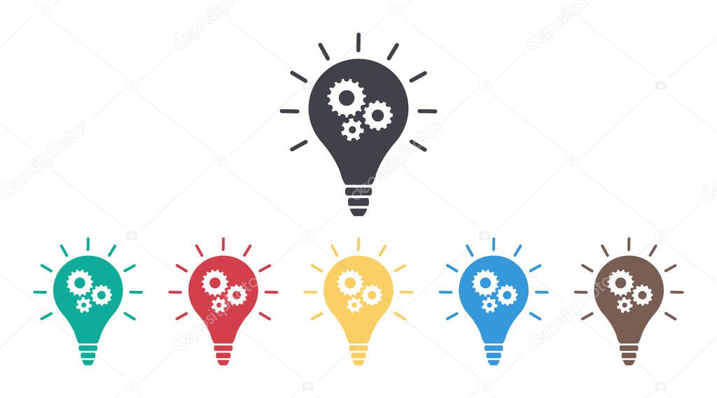 Icon of bulb with gears. Light of solution. Strategy and idea concept. Cogs in lightbulb are innovation of business. Lamp in line style. Logo for creative, brain, inspiration. Graphic design. Vector.