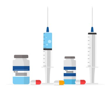 Enjeksiyon için küçük bir şırınga. İğne için şırınga iğnesi. Aşı ikonu, haplar ve antibiyotik. Sıvı ilaç ve kapsüllerle dolu bir ilaç şişesi. Doktordan ilaç. Ampulü doldur. Vektör.
