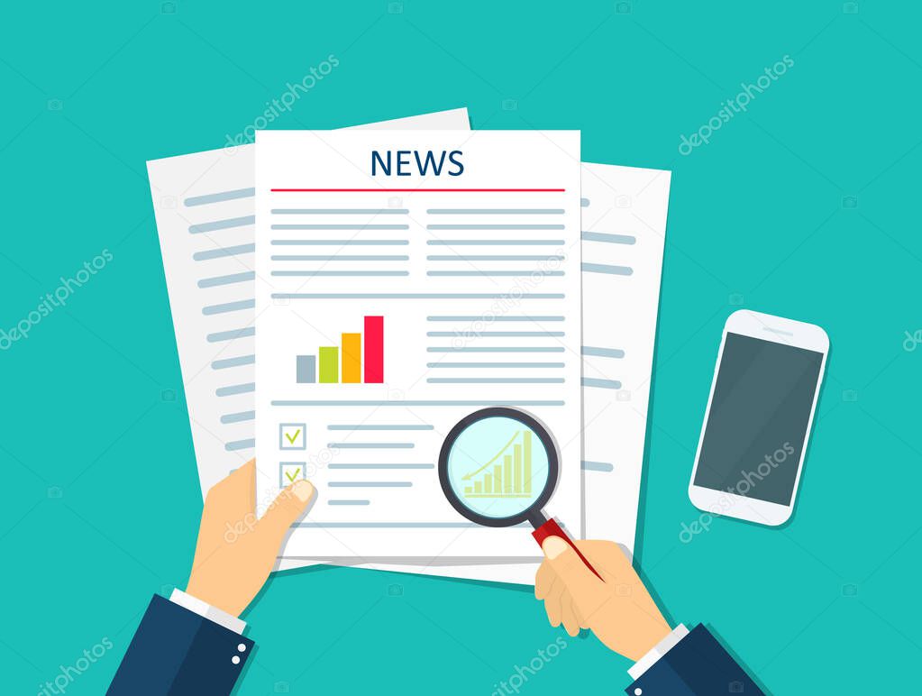 Newspaper icon. News wtih business analysis. Businessman research and read top news with glass. Latest data on paper. Page of daily press with announcements and graphs in hand. Office design. Vector.
