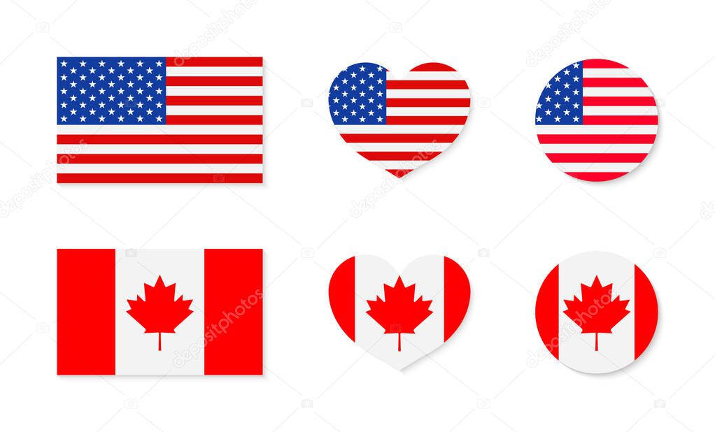 Canada and USA flags. North america. Canadian and american friendship. icon of maple for Canada. Icon of stars for USA. Flags in circles and hearts. Symbols for national independence. Vector.