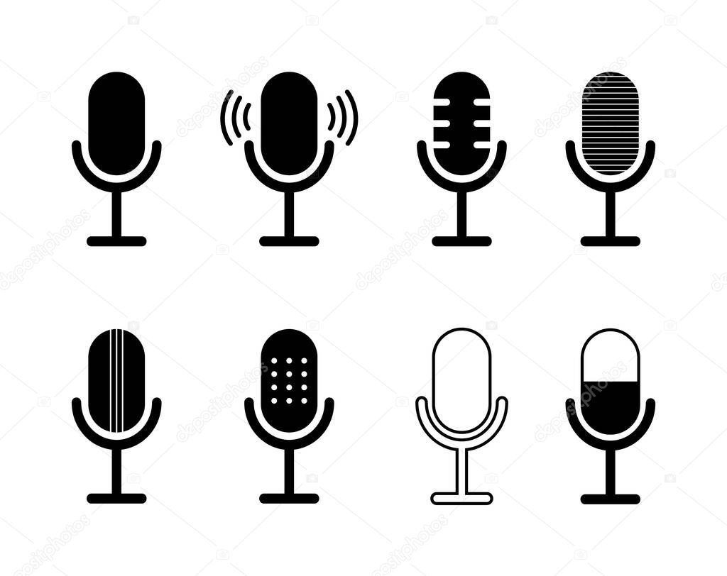 Icon of microphone. Podcast symbol. Icon for speak, radio and audio record. Mic of studio. Logo of voice, interview and sound. Simple silhouette of wireless mike for karaoke, vocal, media. Vector.