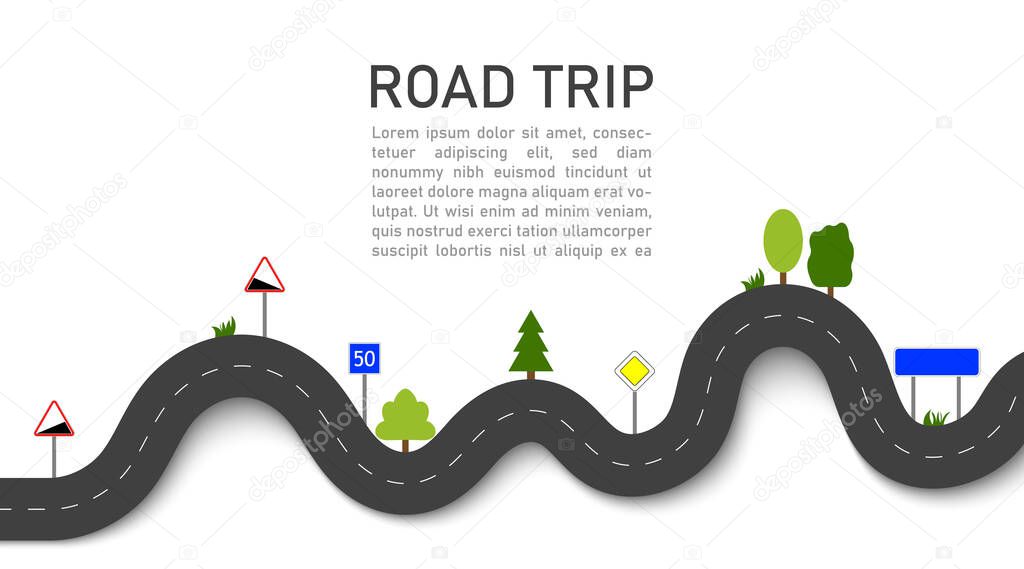 Road trip. Icon for map of journey. Highway for travel. Path of taxi. Asphalt with road signs and nature. Way on street for transport. Design of pattern on white background. Vehicle traffic. Vector.