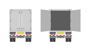 Truck in back. Van for delivery. lorry with container for cargo. Open, closed door on trailer. View rear of car for shipping. Commercial transport for post service, business. Mockup of truck. Vector. clipart
