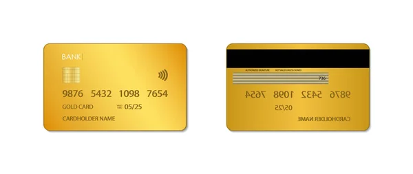 Guldkreditkort Uppställning Gyllene Bankkort Utformning Vip Plastkort Mall För Realistiskt — Stock vektor