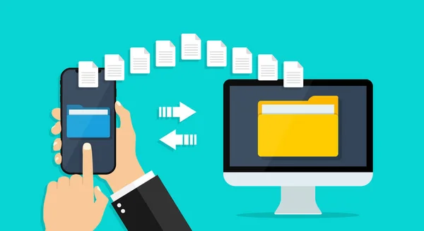 Telefondan bilgisayara dosya transferi. Cep telefonunda veri olan dizin. Paylaşım için belge gönder, yedekle, kopyala, paylaş. İnternette indirme ve bilgi alışverişi simgesi. Uçan dosyalar. Vektör.