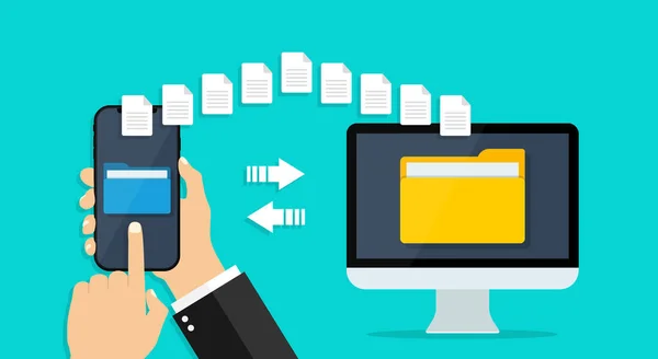Bestand Overdracht Van Telefoon Naar Computer Folder Met Gegevens Mobiele — Stockvector