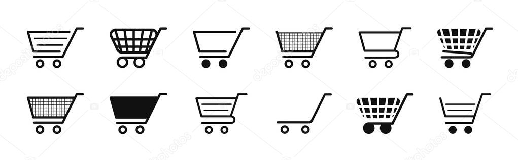 Cart icon. Trolley for shop. Symbol of online basket and buy. Icon for add of purchase and merchandise. Logo of retail, supermarket and store. Set of signs for market, commerce, shopping. Vector.