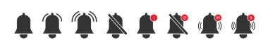 Bildirim çanı simgesi. Uygulamada uyarı uyarısı. Sosyal medyada abonelik için alarm logosu. Hatırlatma ve yeni mesajın sembolü. Telefon uygulaması için düğme, web arayüzü. Vektör.