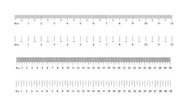 Cetvel, santimli. Santimetre, milimetre ve inç olarak ölçeklendir. Metrik çizgilerle ölçüm bandı. Geometrik boyutla uzunluk. Matematik ve doğruluk ölçümüne sahip siyah basit yöneticiler. Vektör.