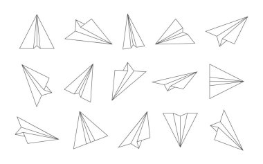 Kağıt uçak. Taslak uçak simgeleri. Seyahat, uçuş ve posta için origami uçakları çiz. Uçak uçuşu müsveddesi. Çizim tarzı çizim. Beyaz arkaplanda çizgi film simgeleri. Vektör.