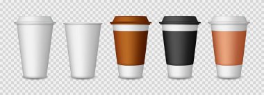 Kağıt kahve fincanı. Kapaklı plastik kupa maketi. Kahve için bir fincan çay. Sıcak kahveyi götür. Latte, espresso ve fincanda kapuçino içmek için bir kalıp şablon. Restoran için taklit tasarımı. Vektör.