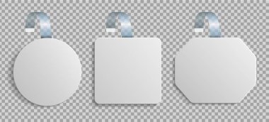 Wobbler modeli. Dangler süpermarkette fiyatla sallanıyor. Raftaki pankart. Satılık etiket tasarımı. Reklam için öndeki kağıt boş şablon. İndirim için yuvarlak ve kare yaltakçılar. Vektör.