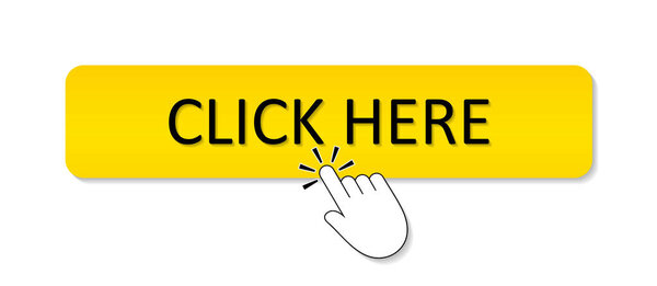 Click here button. Icon with click here and hand. Choice for buy and register on website. Orange button for online app. Banner for web, download and promotion. Vector.