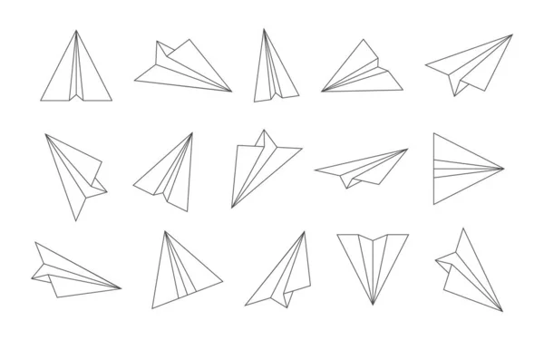 Kağıt uçak. Taslak uçak simgeleri. Seyahat, uçuş ve posta için origami uçakları çiz. Uçak uçuşu müsveddesi. Çizim tarzı çizim. Beyaz arkaplanda çizgi film simgeleri. Vektör.