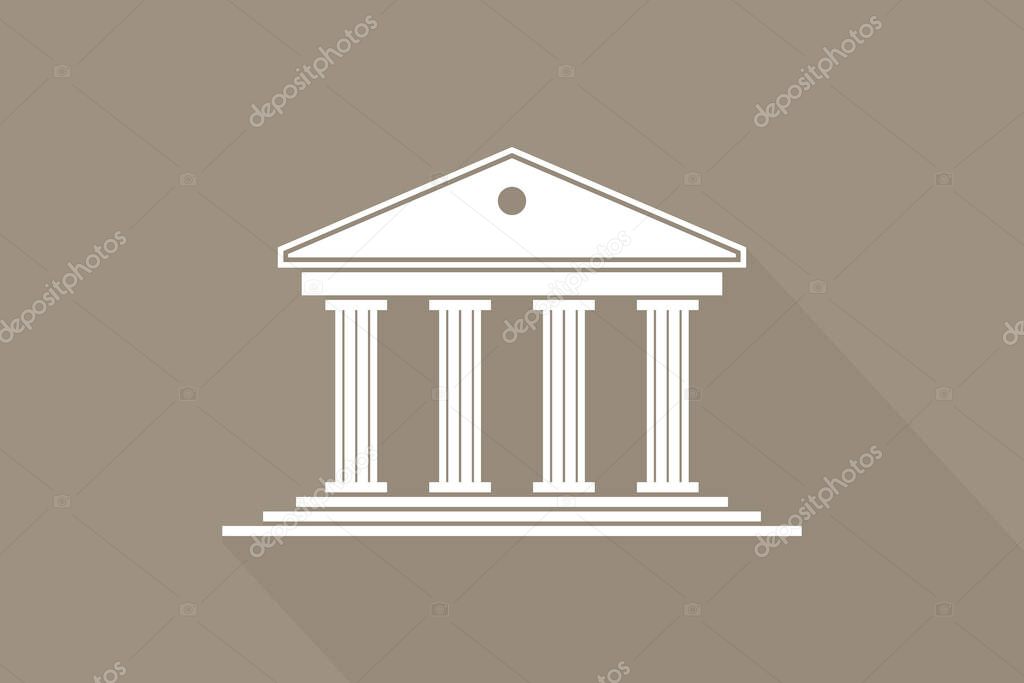 Greek temple. Icon of roman parthenon. Ancient building with columns. Greece architecture with pillar and acropolis. White logo of rome law, bank and pantheon. Antique symbol. Vector.