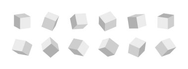 3 boyutlu küp. Üç boyutlu kutu önde. Beyaz kübik bloklar. Perspektif yansıtmalı kare modelleme. Beyaz arkaplanda boş karton ya da kağıt küpler var. Grafik modeli ve hediye için çokyüzlü nesne. Vektör.